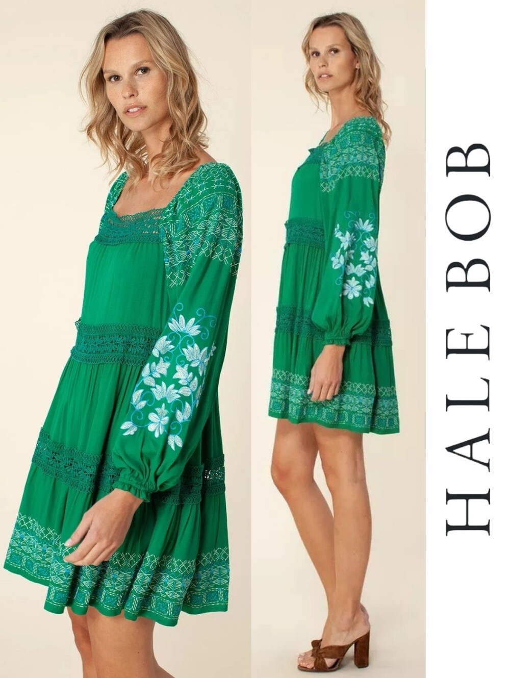 Hale Bob | Darby Embroidered Mini Dress Off-The-Shoulder Floral - Emerald Green